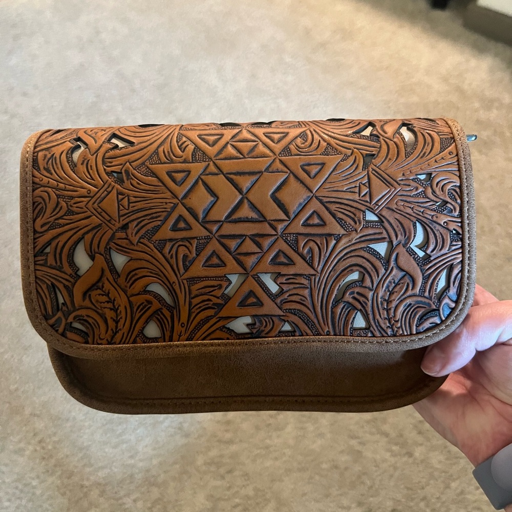 Embossed Tooled Leather Purse - Brown